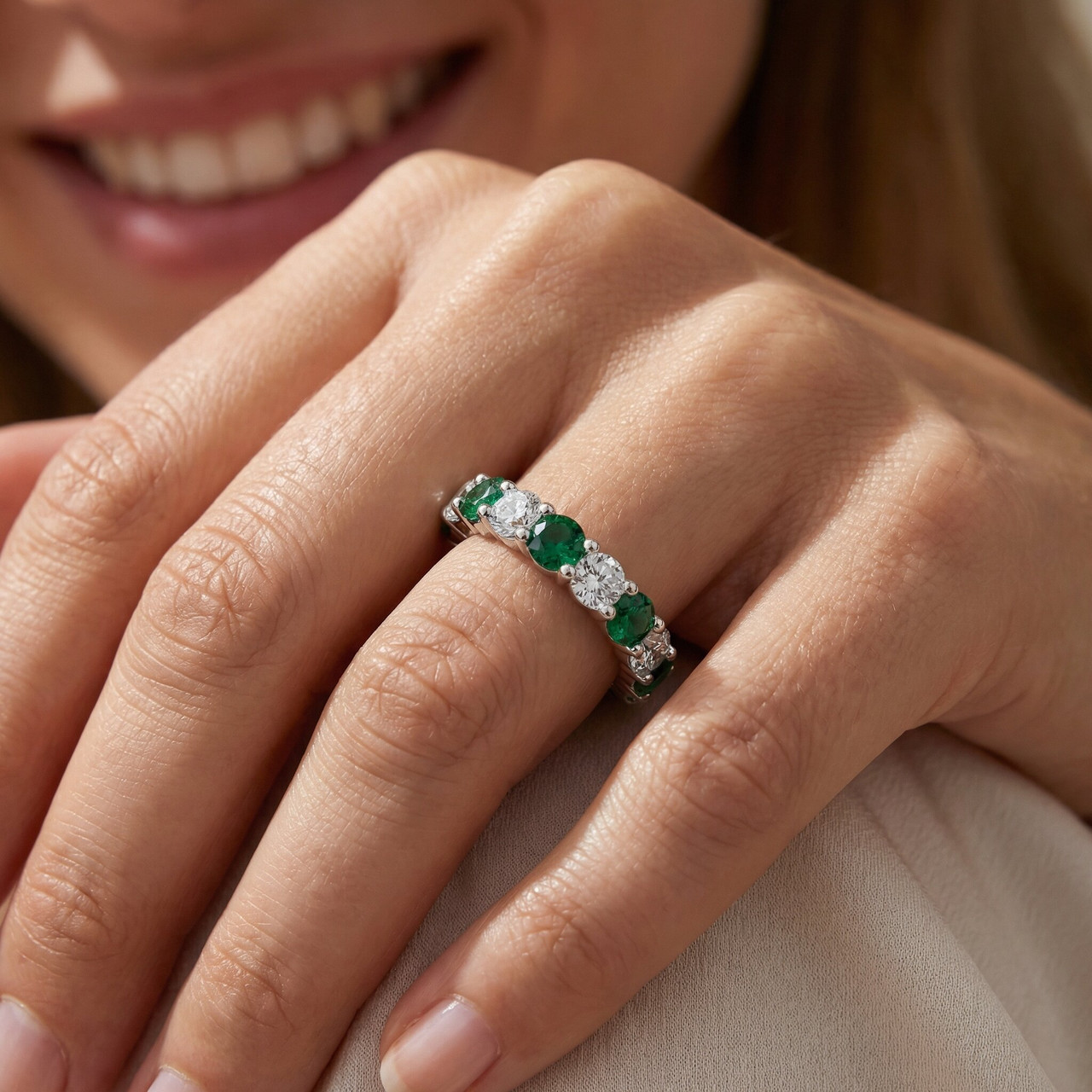 3Ct Green Emerald & Diamond Eternity Ring 14k Gold or Platinum Lab Grown (E-F, VS)