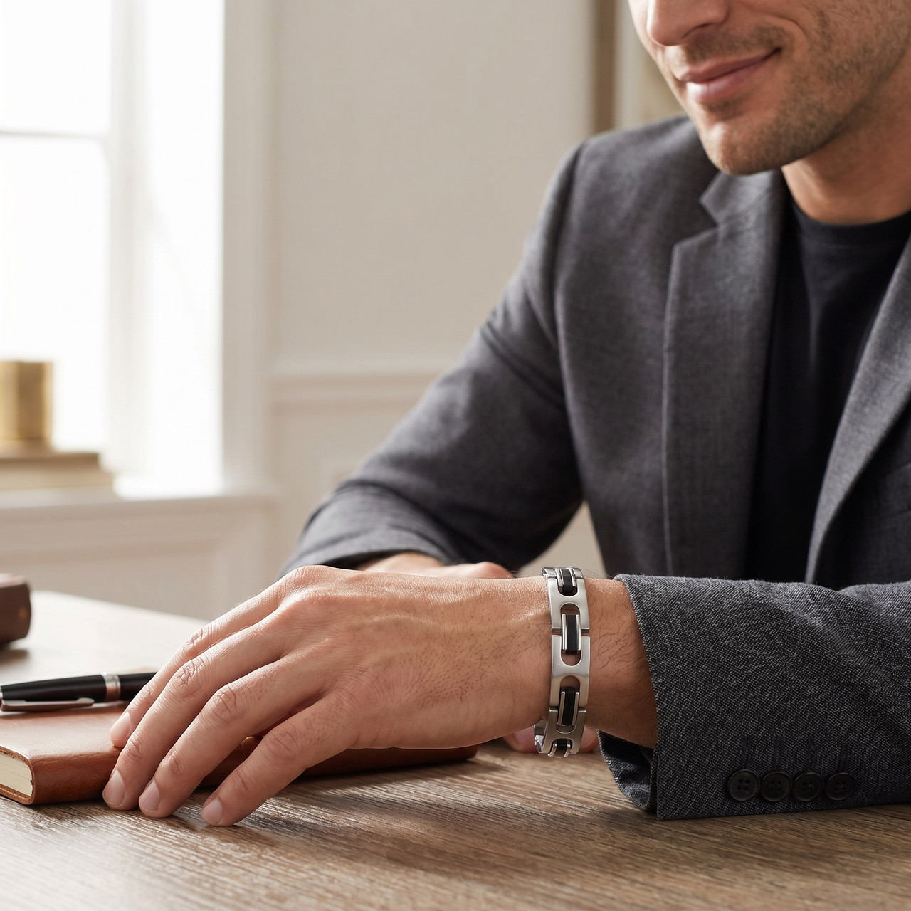 Men's Two Tone Steel and Black  8.5" 8.5mm Bracelet