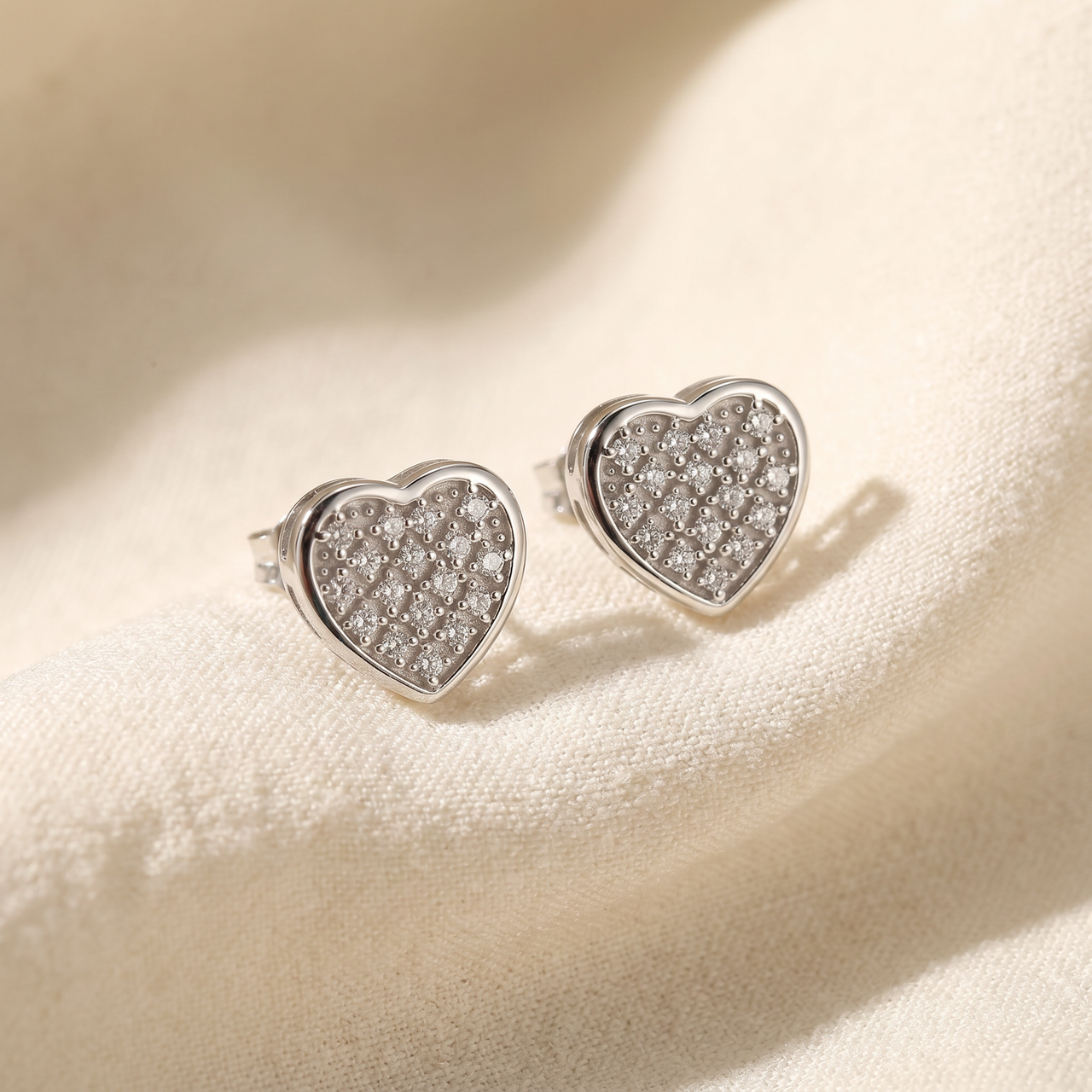 Pave Diamond Heart Studs Screw Back Earrings in White or Yellow Gold 10k (H-I, I1)