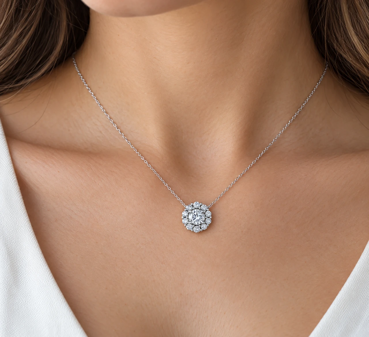 1ct Diamond Halo Pendant 14K White Gold (I-J, I2-I3)
