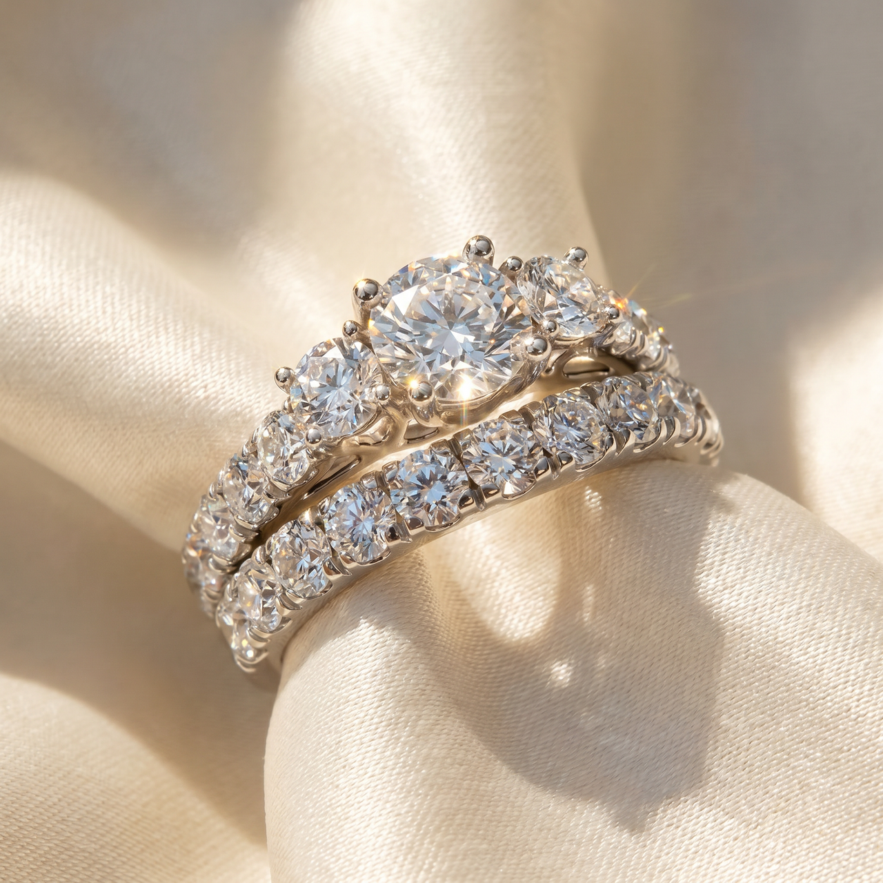 1 3/4Ct 3-Stone Diamond Engagement Wedding Ring Set 14k Gold or Pt Lab Grown (E-F, VS)