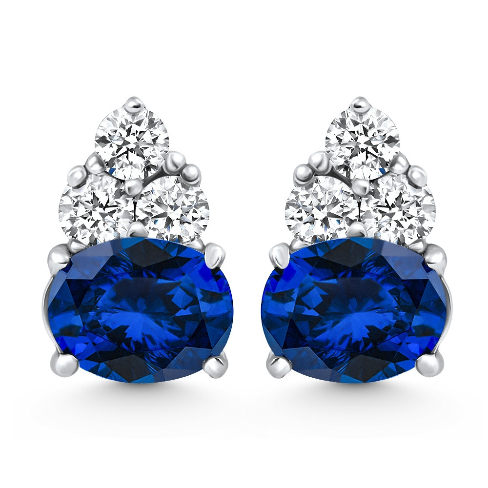 7Ct Blue Sapphire & Diamond Earrings White Gold Lab Grown Women's Earrings (E-F, VS)