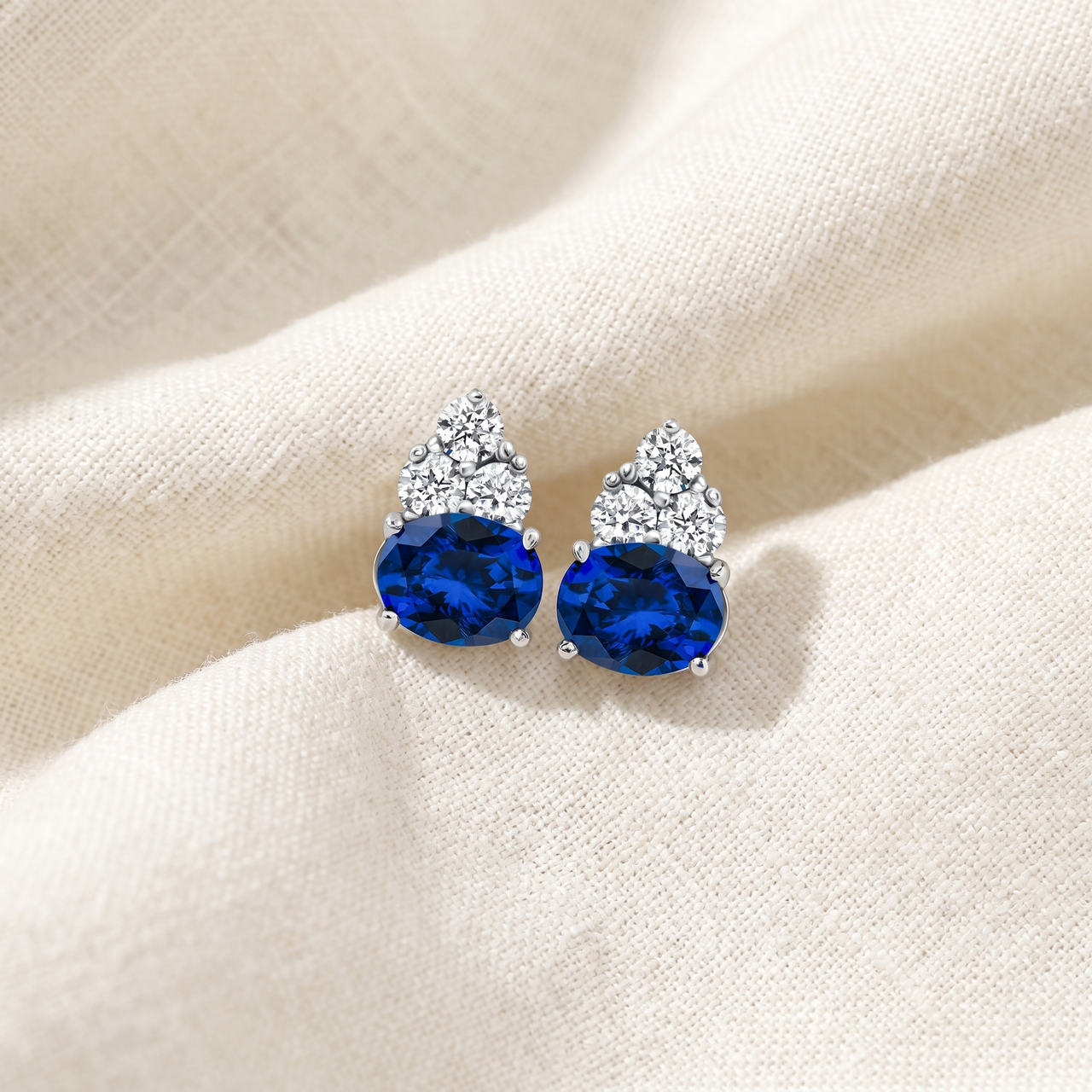 7Ct Blue Sapphire & Diamond Earrings White Gold Lab Grown Women's Earrings (E-F, VS)