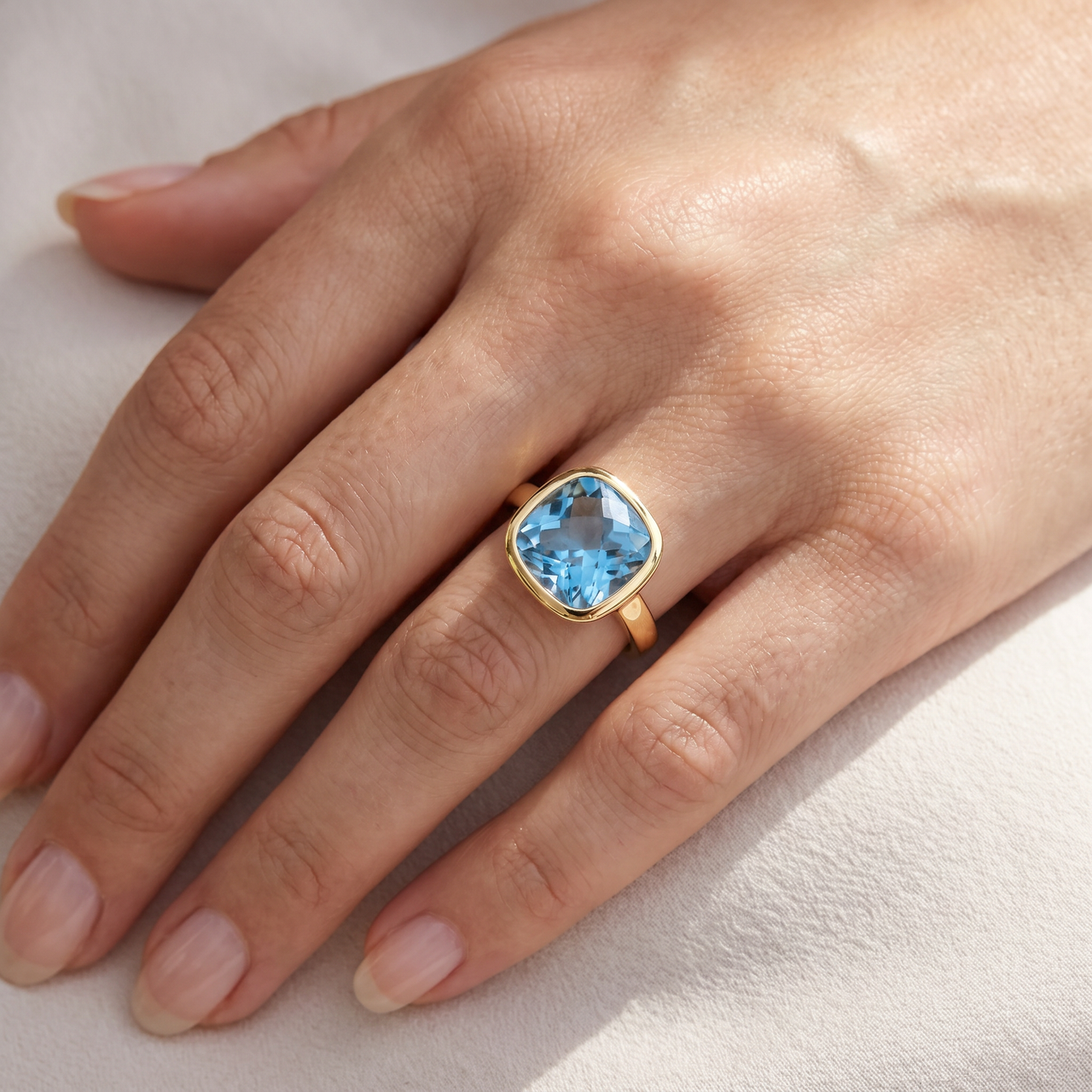 Cushion Blue Topaz Alexa Bezel Ring 14k Yellow Gold