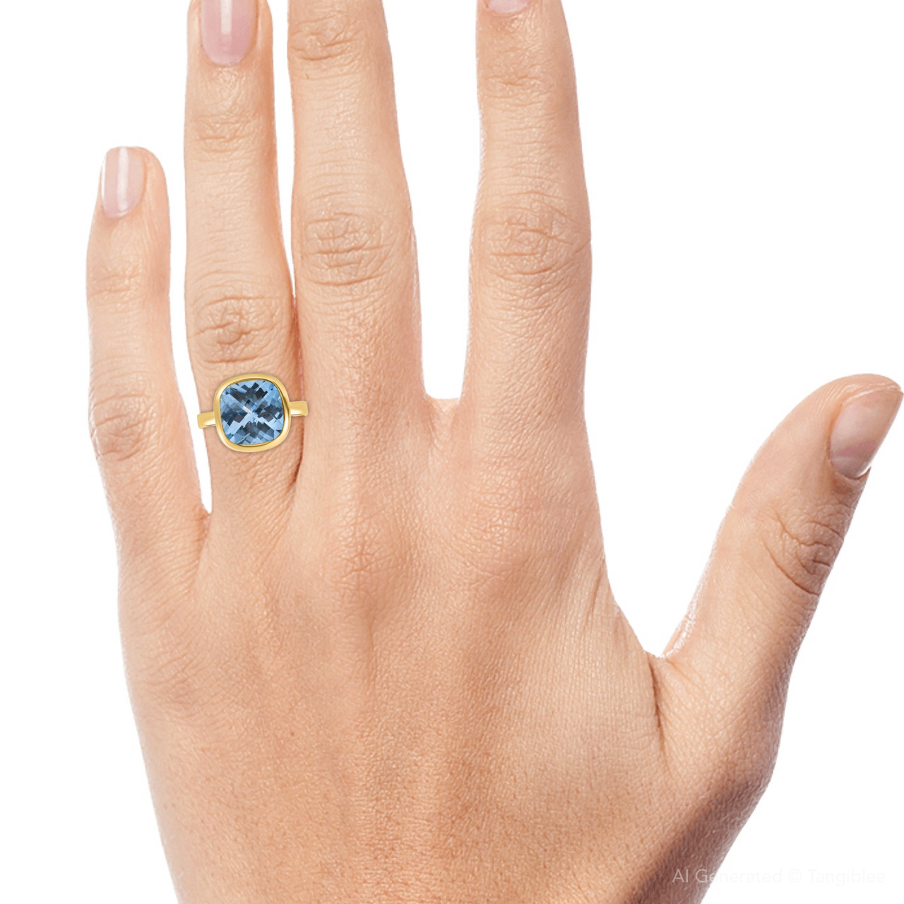 Cushion Blue Topaz Alexa Bezel Ring 14k Yellow Gold