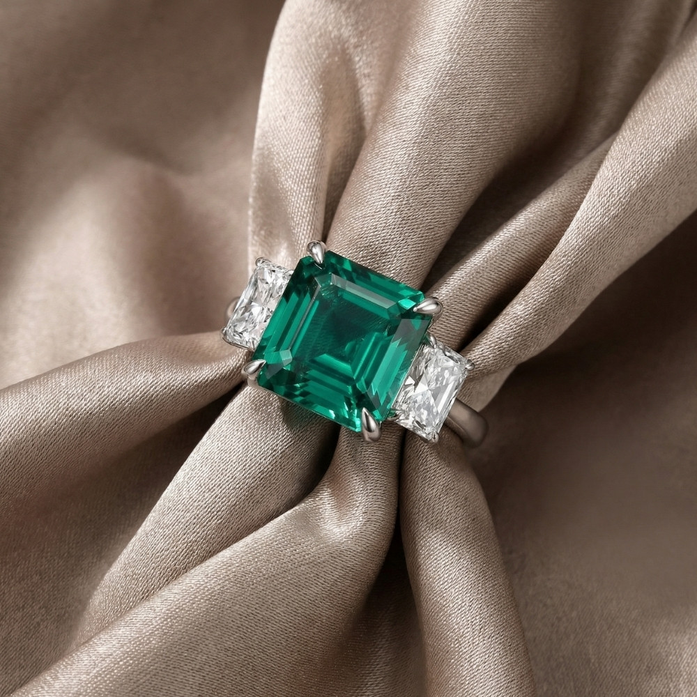 8Ct Asscher Cut Emerald & Diamond Ring 14k Gold or Platinum Lab Grown (F-G, VS)