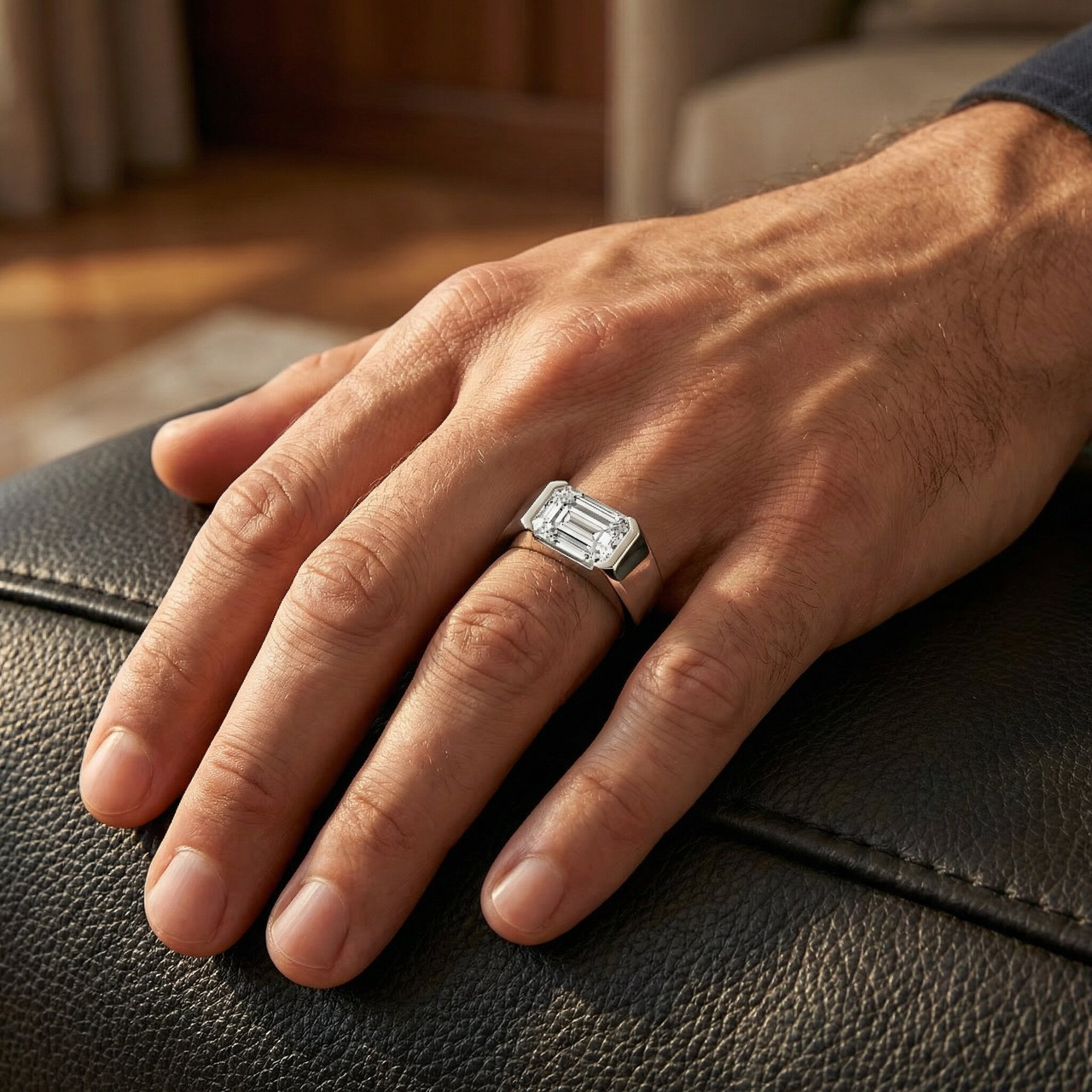 Certified 3Ct Men's Emerald Cut Half Bezel Diamond Ring 14k Gold or Pt Lab Grown (F-G, VS)