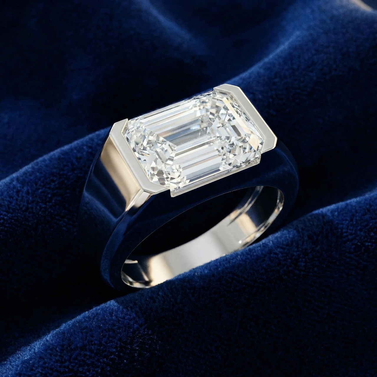 Certified 3Ct Men's Emerald Cut Half Bezel Diamond Ring 14k Gold or Pt Lab Grown (F-G, VS)