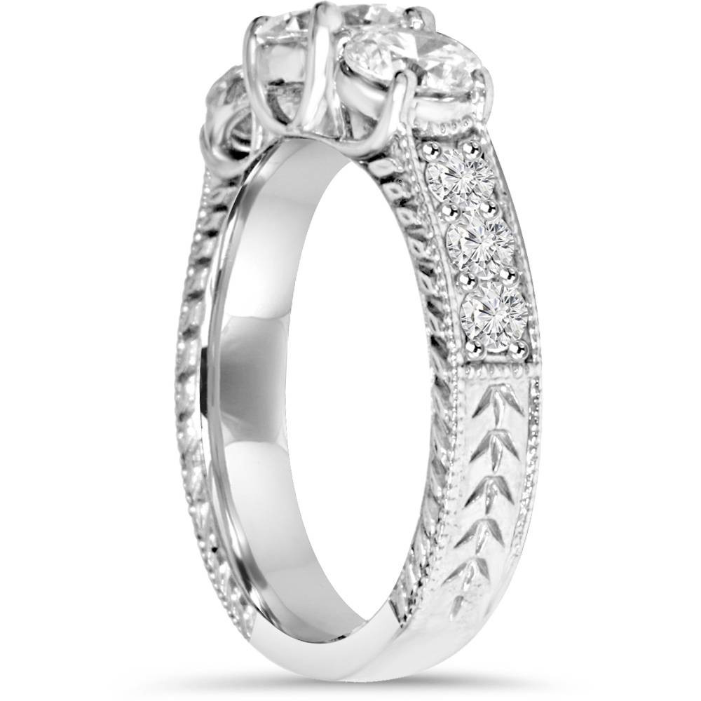 1 3/4Ct Diamond Vintage 3-Stone Engagement Ring 14K White Gold (G-H, I2-I3)