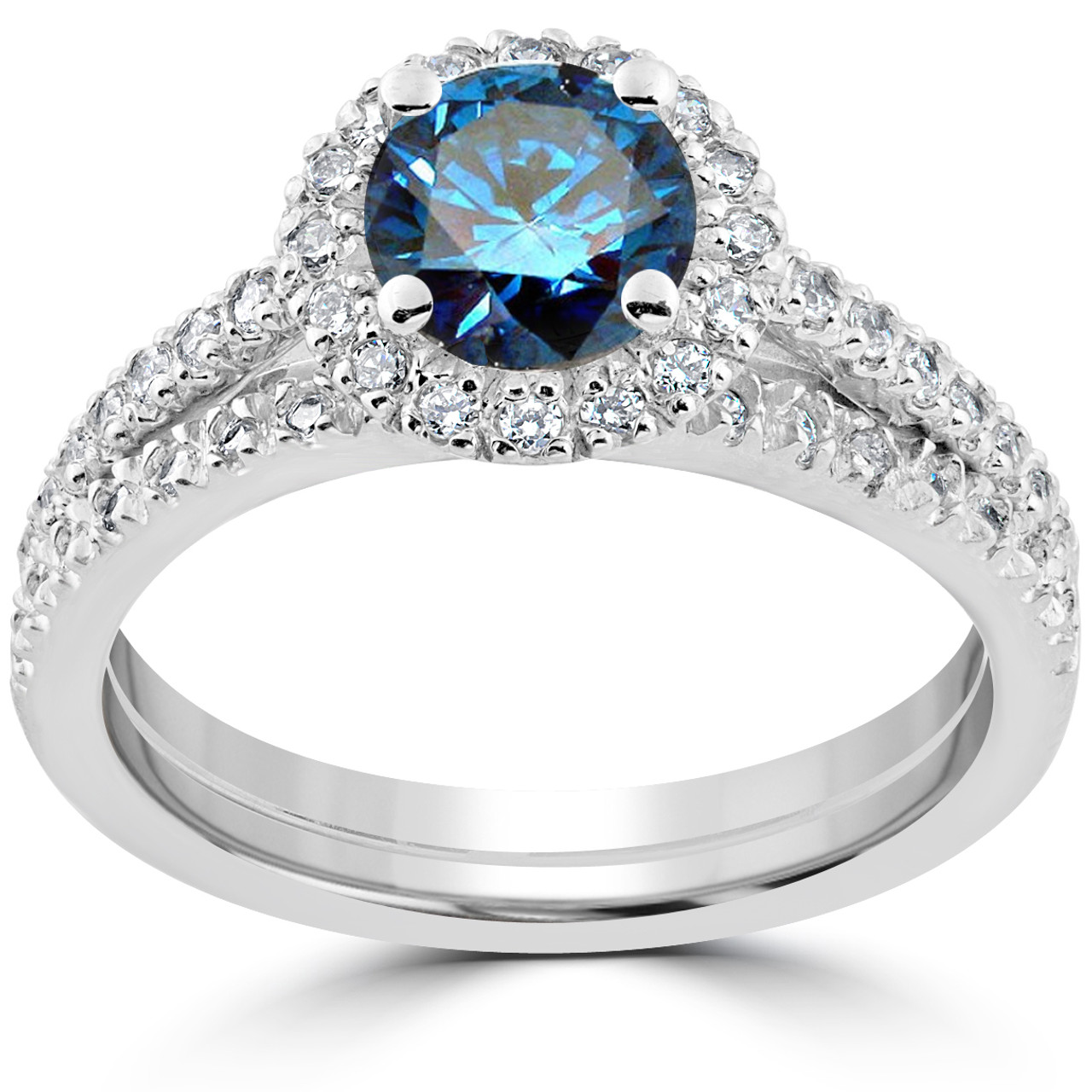 1 1 2 Ct Blue Diamond Halo Engagement Wedding Ring Set 14k White Gold