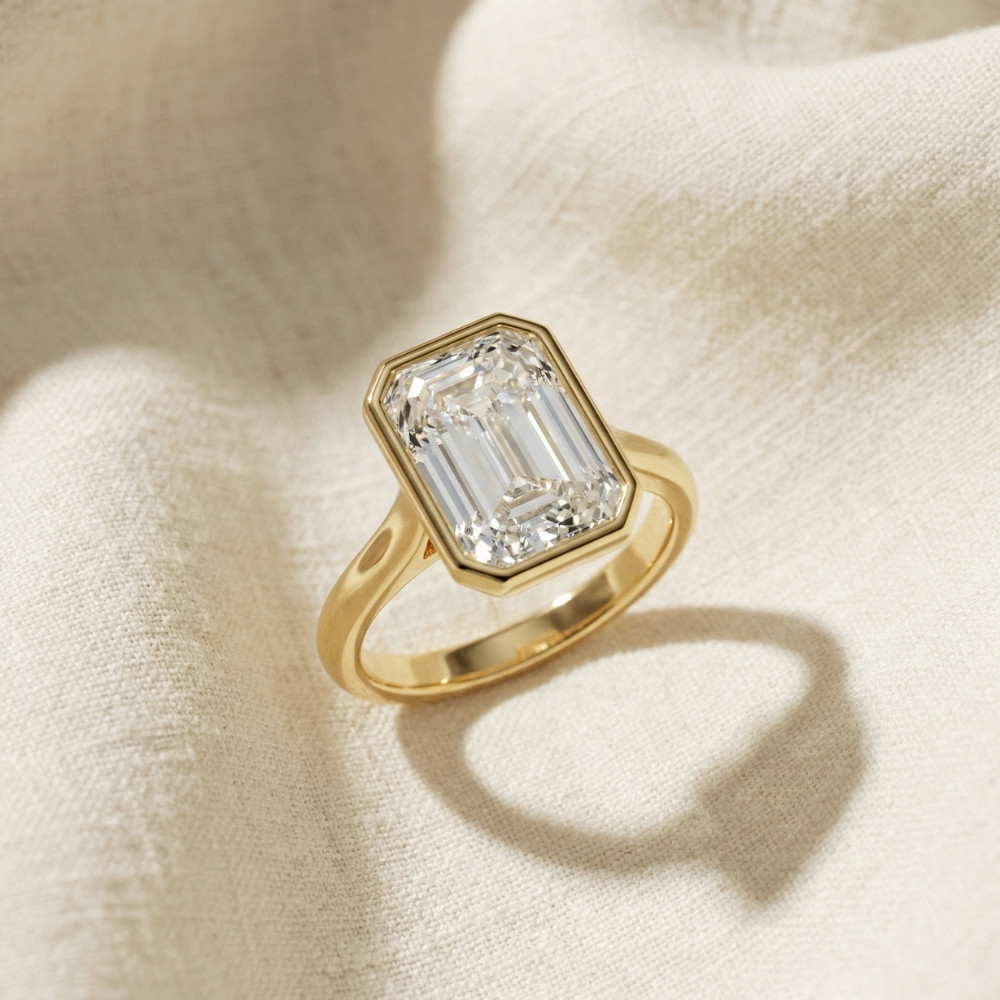 3Ct Emerald Cut Bezel Solitaire Diamond Engagement Ring 14k Gold or Pt Lab Grown (E-F, VS)