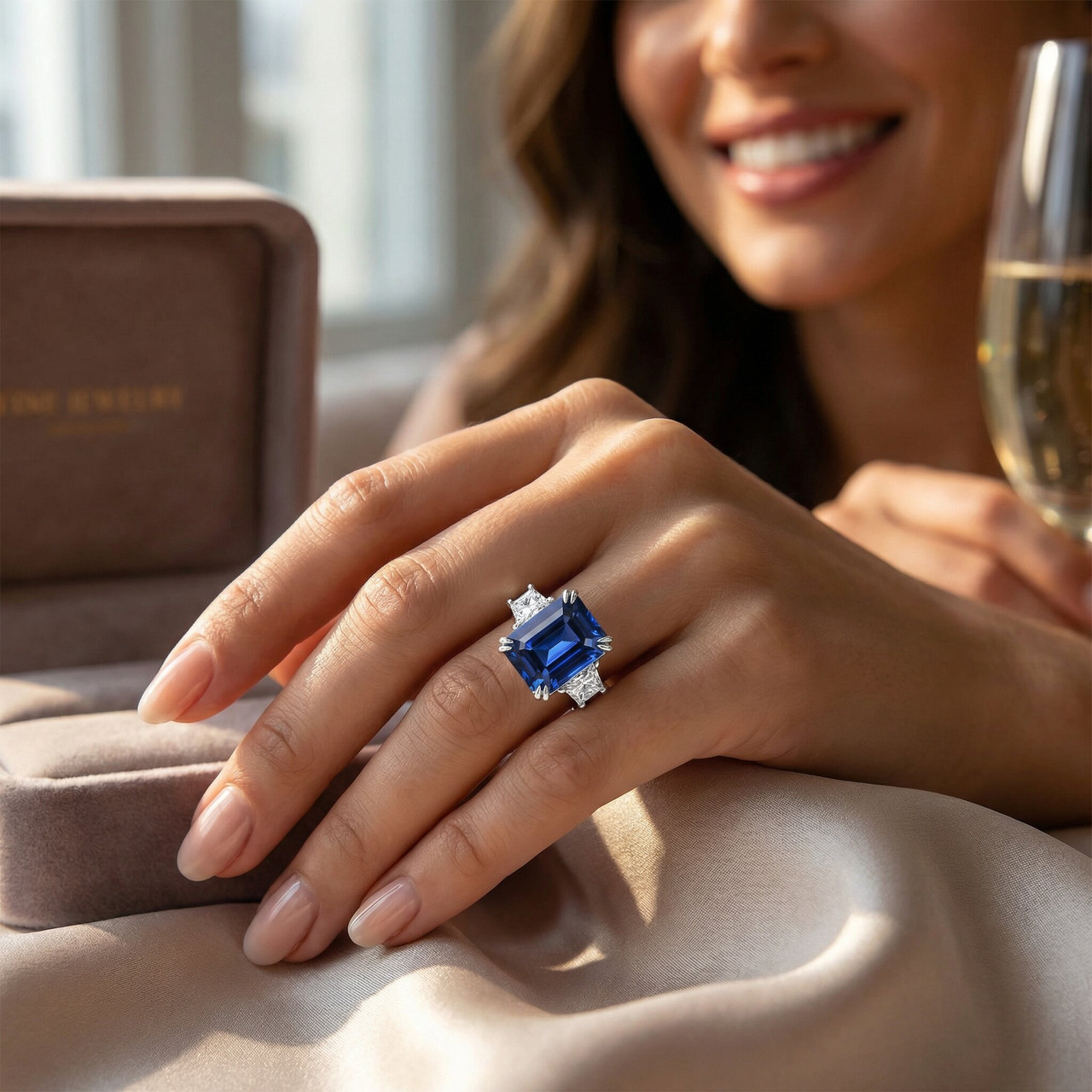 6Ct Blue Sapphire & Diamond Anniversary Engagement Ring 14k White Gold Lab Grown (E-F, VS)