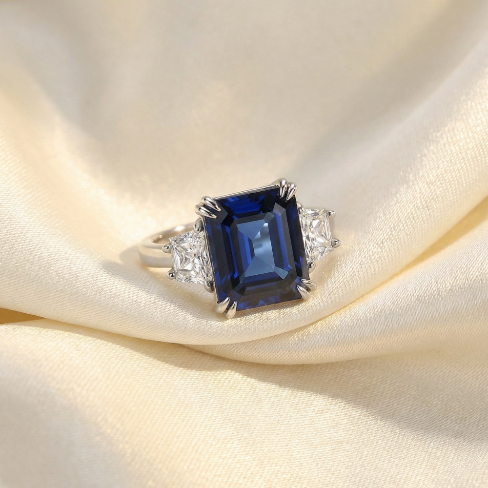 6Ct Blue Sapphire & Diamond Anniversary Engagement Ring 14k White Gold Lab Grown (E-F, VS)