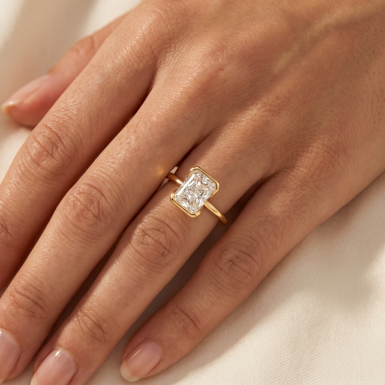 Certified 4Ct Radiant Cut Diamond Bezel Engagement Ring Yellow Gold Lab Grown (E-F, VS)