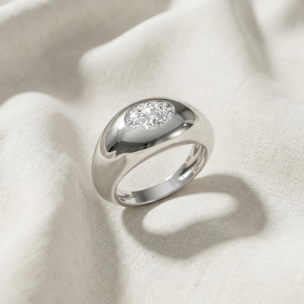 1Ct Sideways Oval Bezel Solitaire Stackable Dome Band Gold Lab Grown (E-F, VS)