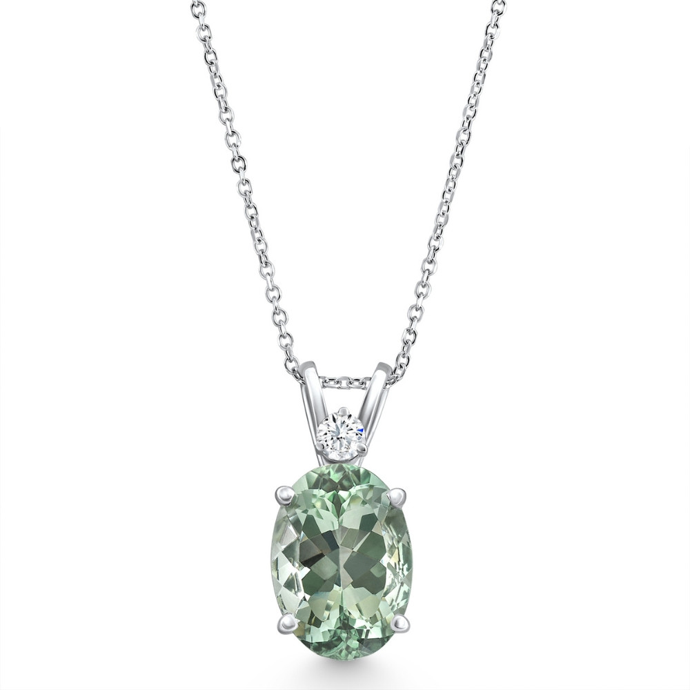 Oval Green Amethyst Diamond Pendant Women's Necklace 18" White Gold (G-H, I1)