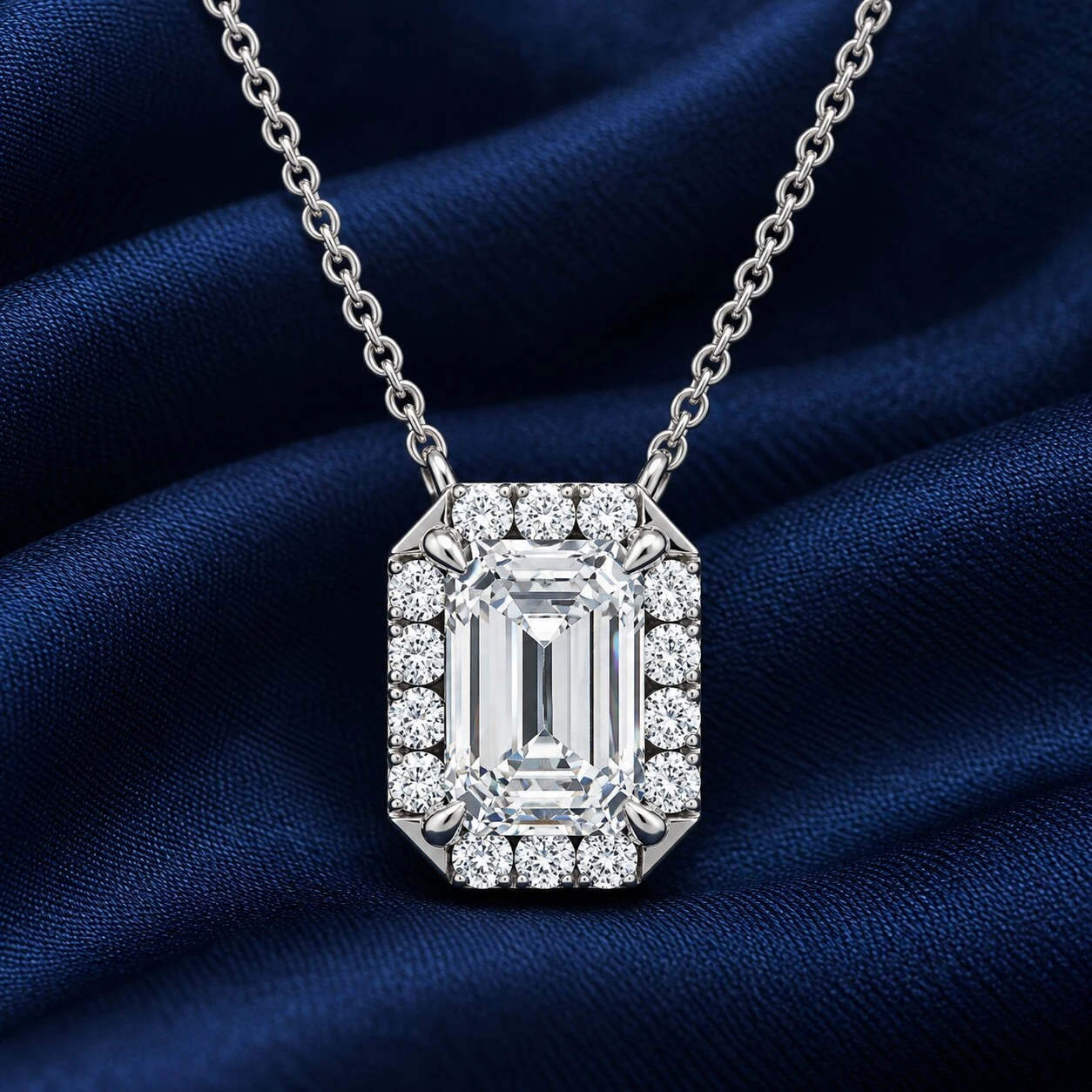 3/4Ct Emerald Cut Diamond Halo Pendant 14k Gold 18" Necklace Lab Grown EF/VS (E-F, VS)
