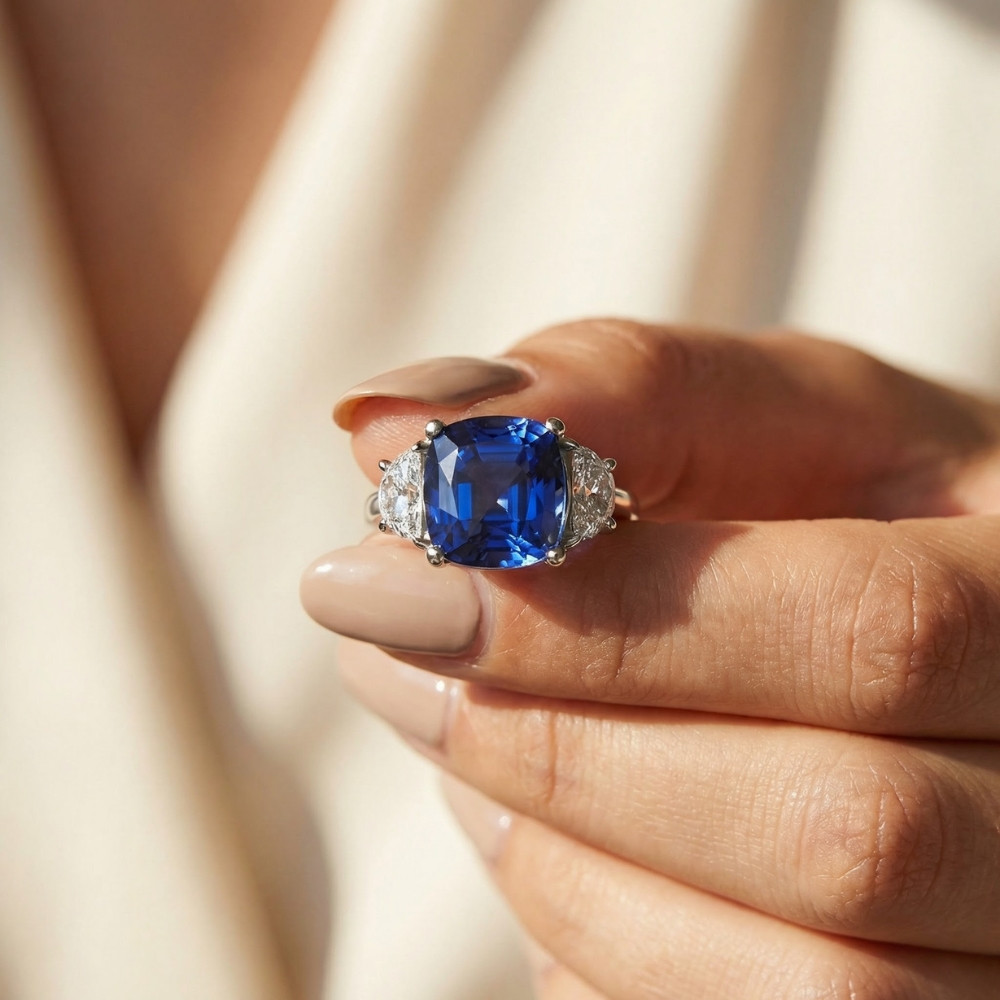 8.50Ct TW Cushion Blue Sapphire & Diamond 3-Stone Ring 14k White Gold Lab Grown (E-F, VS)