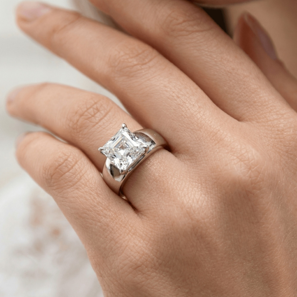 Certified 3Ct Asscher Cut Solitaire Cigar Band 14k Gold or Platinum Lab Grown (E-F, VS)