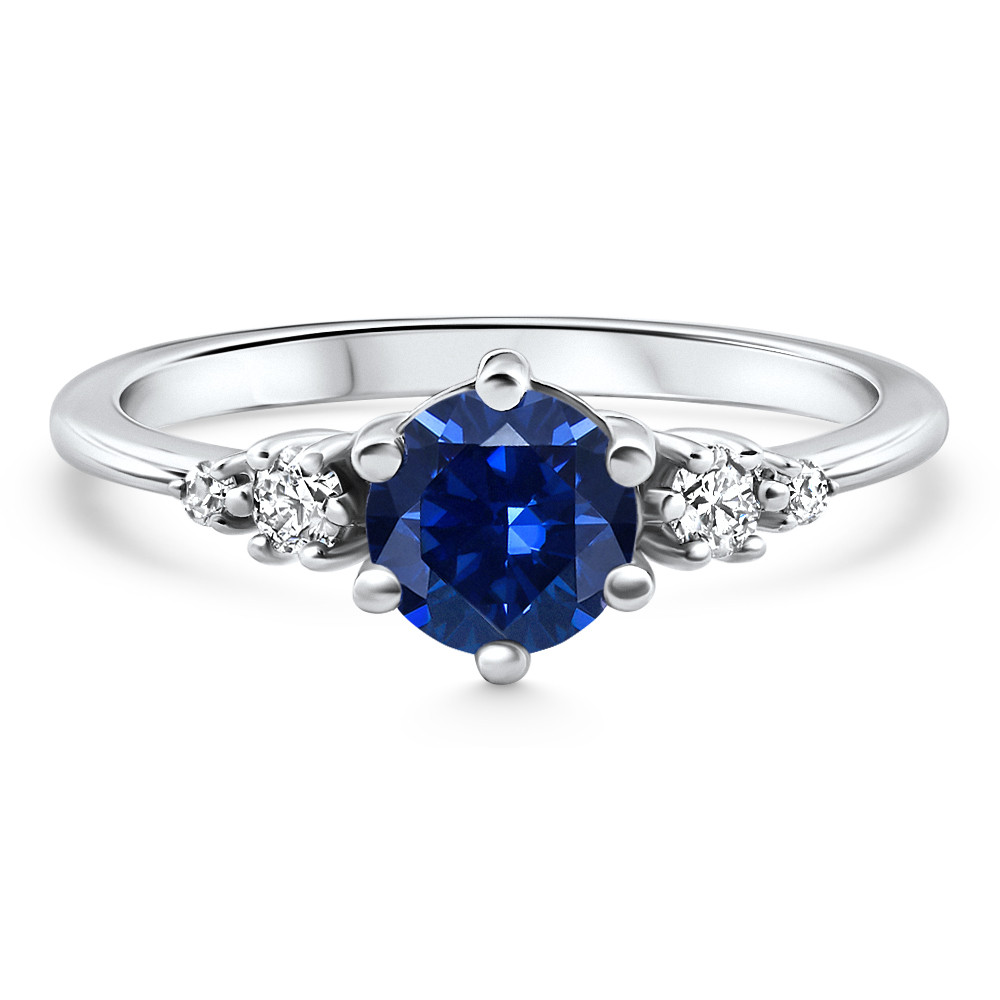 1Ct TW Blue Sapphire & Diamond Ring 14k White Gold Lab Grown (E-F, VS)