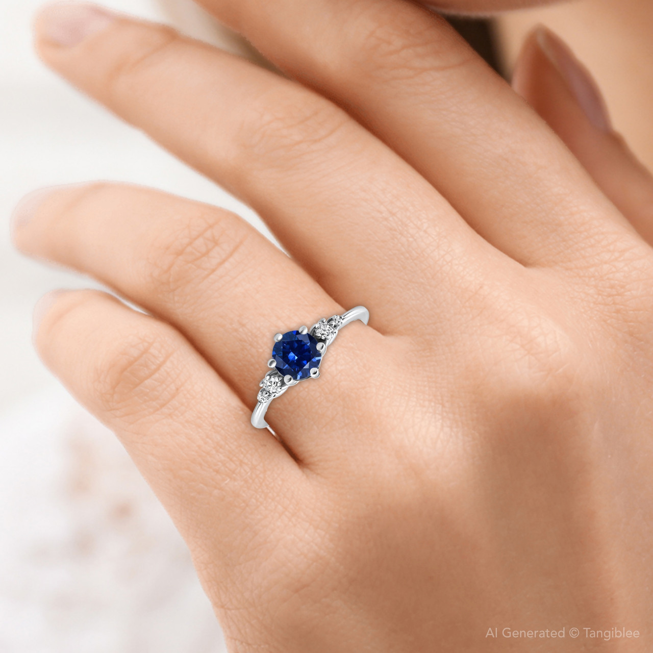 1Ct TW Blue Sapphire & Diamond Ring 14k White Gold Lab Grown (E-F, VS)