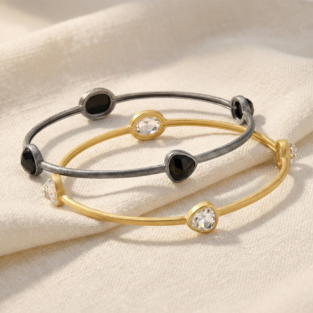 18K Gold Plated Silver Set Of Two Onyx/Topaz Bangle Bracelet 2mm