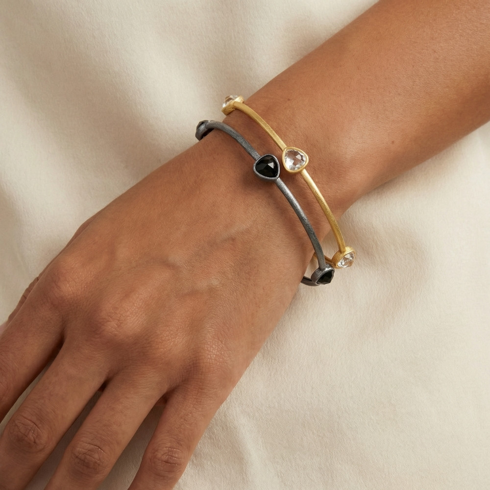 18K Gold Plated Silver Set Of Two Onyx/Topaz Bangle Bracelet 2mm