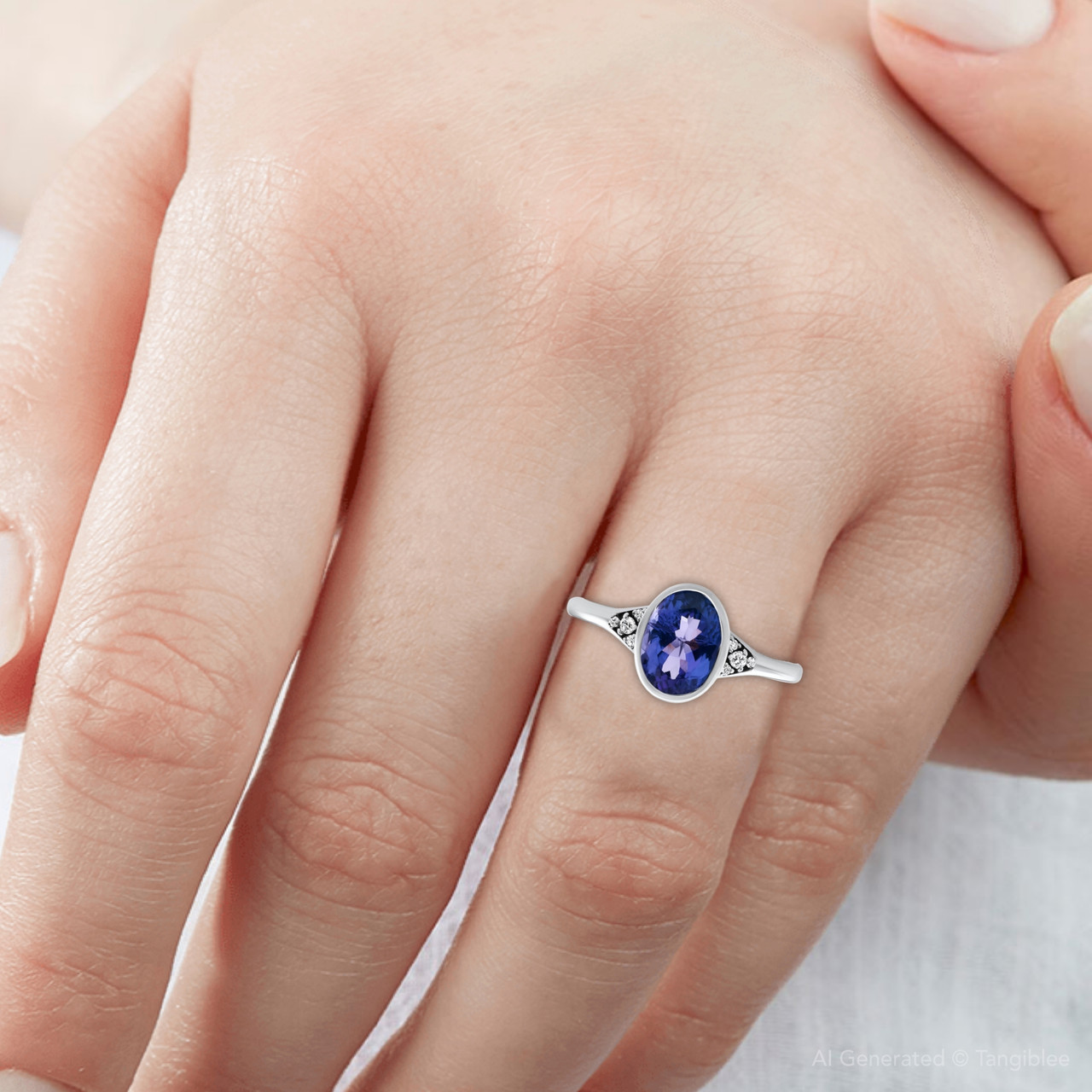 1.64Ct Oval Tanzanite Diamond Ring 14k White Gold Lab Grown (E-F, VS)