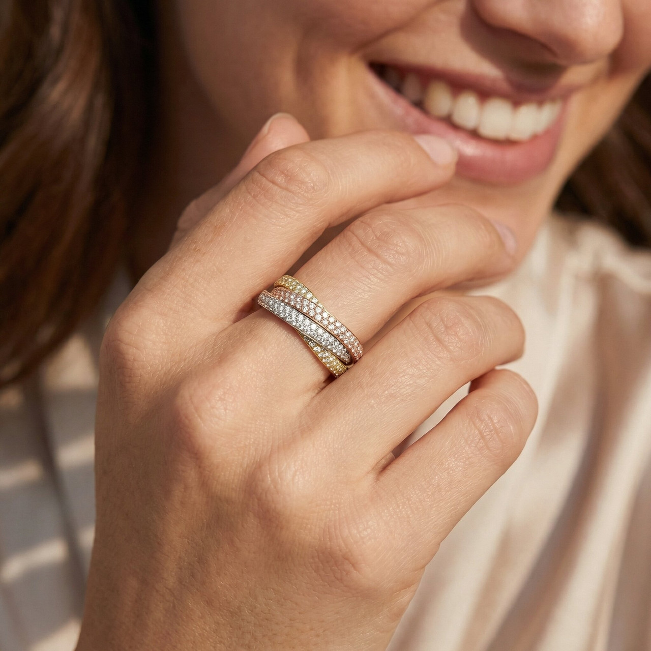 14k Tri Gold 2 5/8ct Rolling Ring Diamond Eternity Wedding Band Lab Grown (G-H, SI)