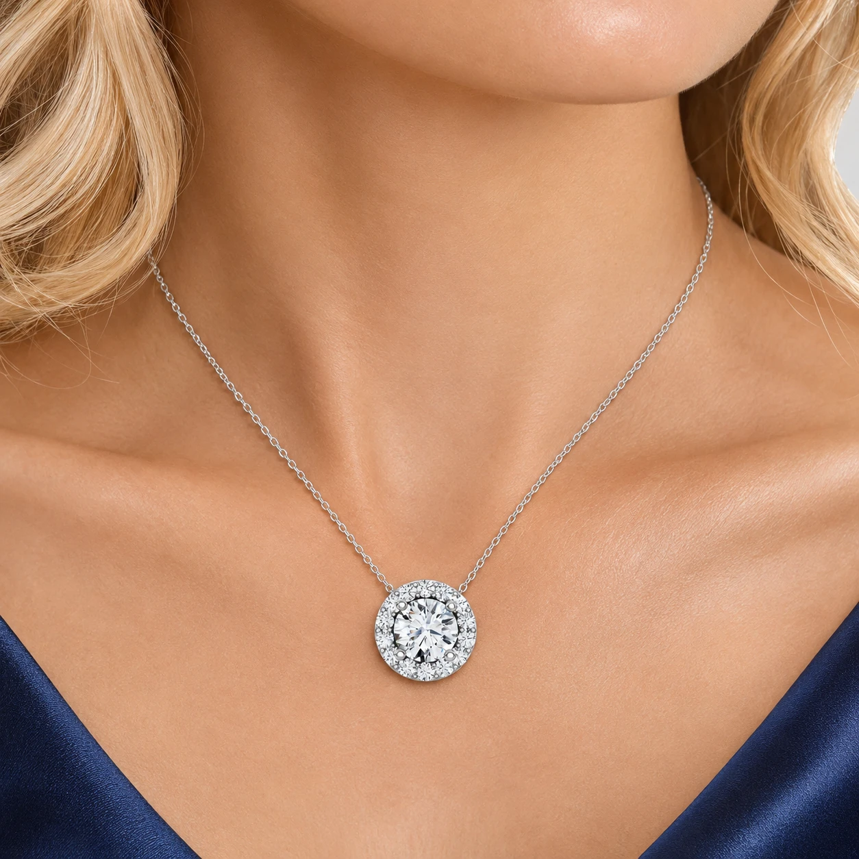 1/2Ct Diamond Halo Pendant Lab Grown 18" Necklace EF/VS (E-F, VS)