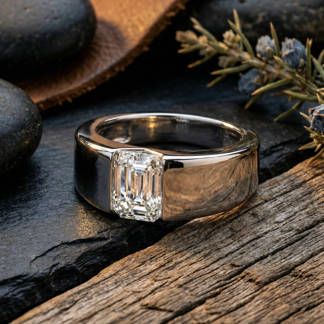 Men's 1Ct Emerald Cut Diamond Wedding Anniversary Ring 14k Gold or Platinum (E-F, VS)