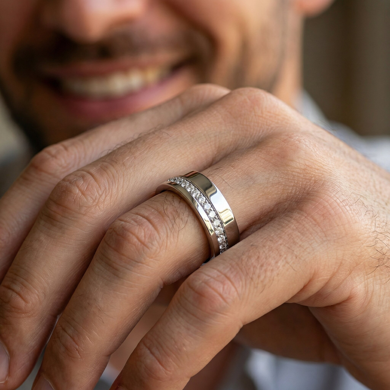 Men's Diamond Wedding Ring High Polished 14k Gold or Platinum Lab Grown (E-F, VS)