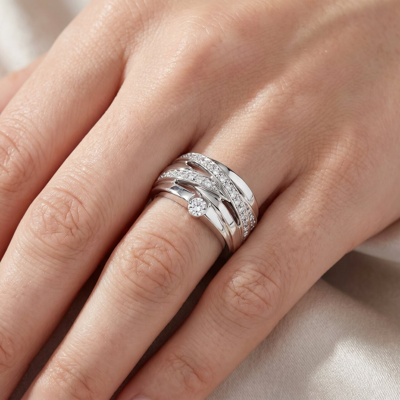 3/4 ct Diamond Womens Wide Solitaire Right Hand Ring 14k White Gold Multirow (G-H, I1)