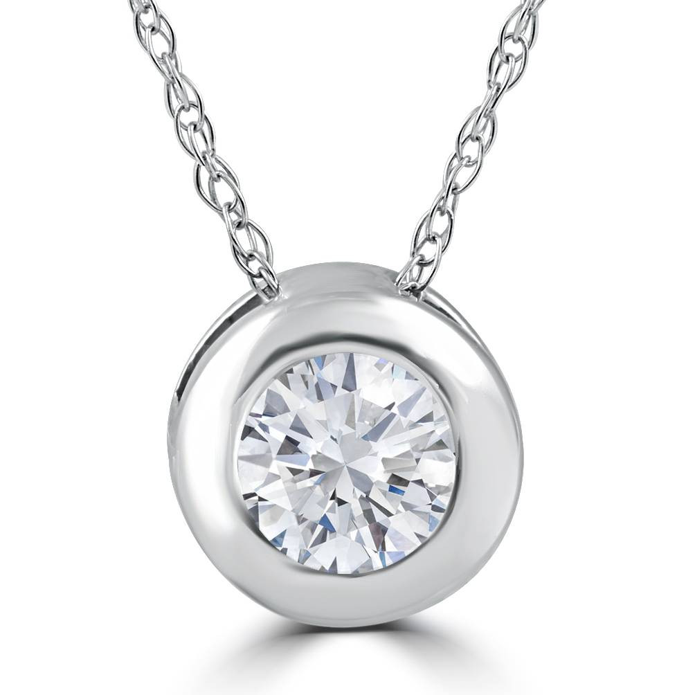 1/3ct Round Bezel Solitaire Diamond Pendant Necklace 14K White Gold (H-I, I2-I3)