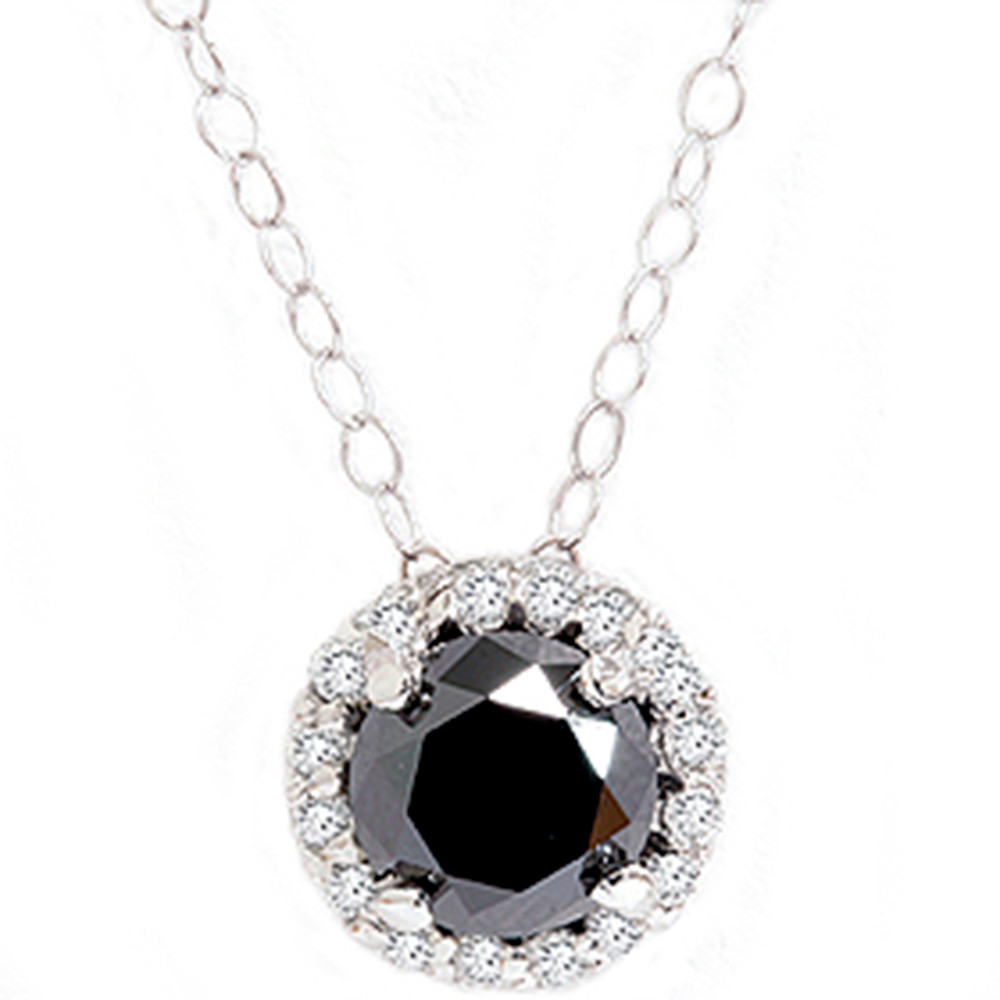 1 1/8ct Black White Diamond Solitaire Pave Halo Pendant (G-H, I2-I3)