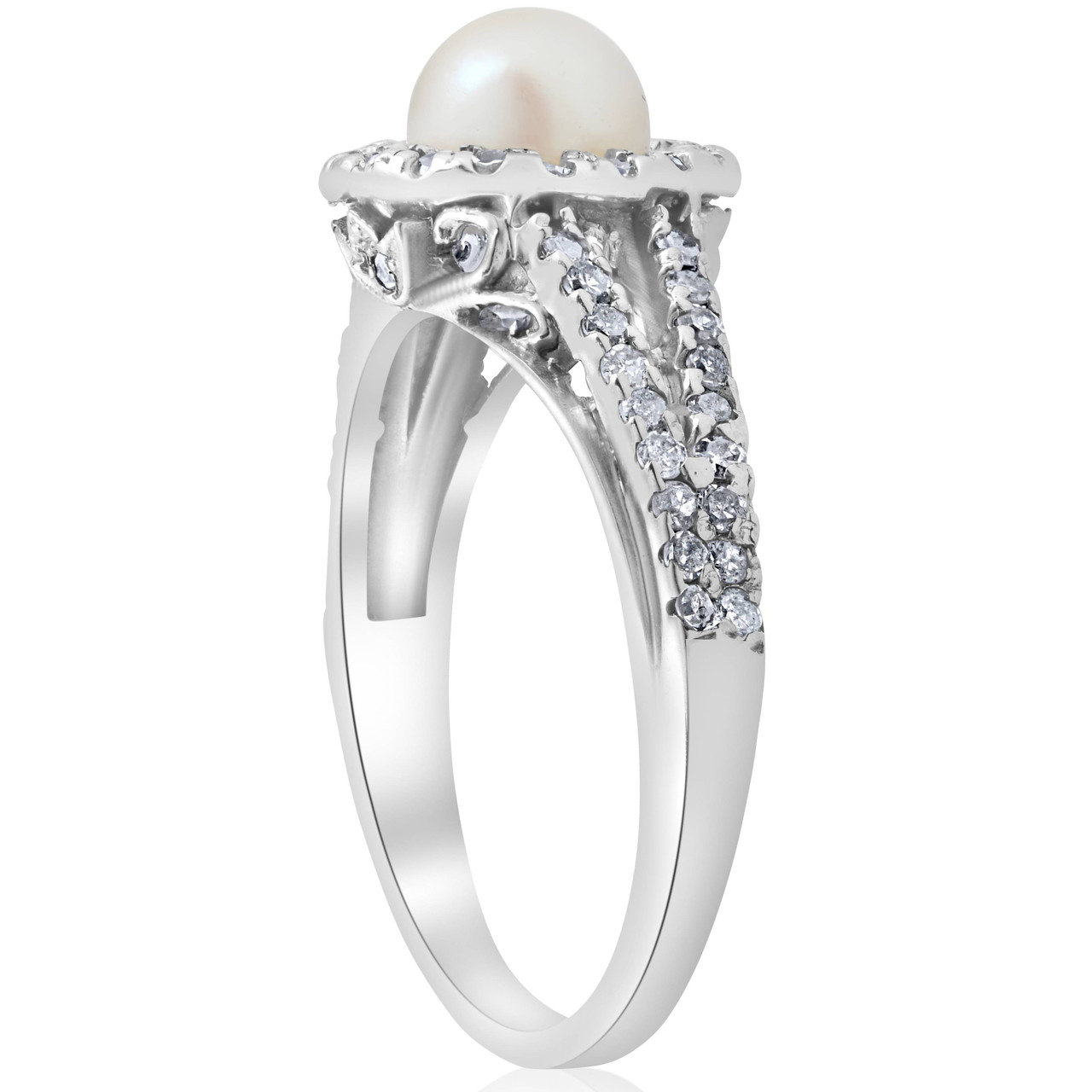 Diamond Pearl Halo Ring 14K White Gold