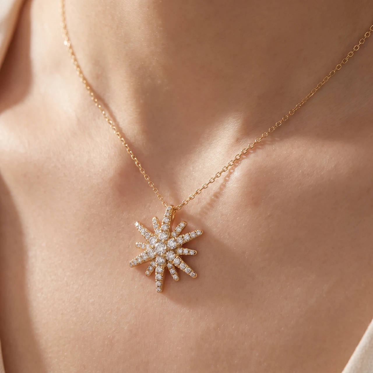 1Ct TW Round Cut Starburst Diamond Pendant 14k Yellow Gold Lab Grown Necklace (G-H, SI)