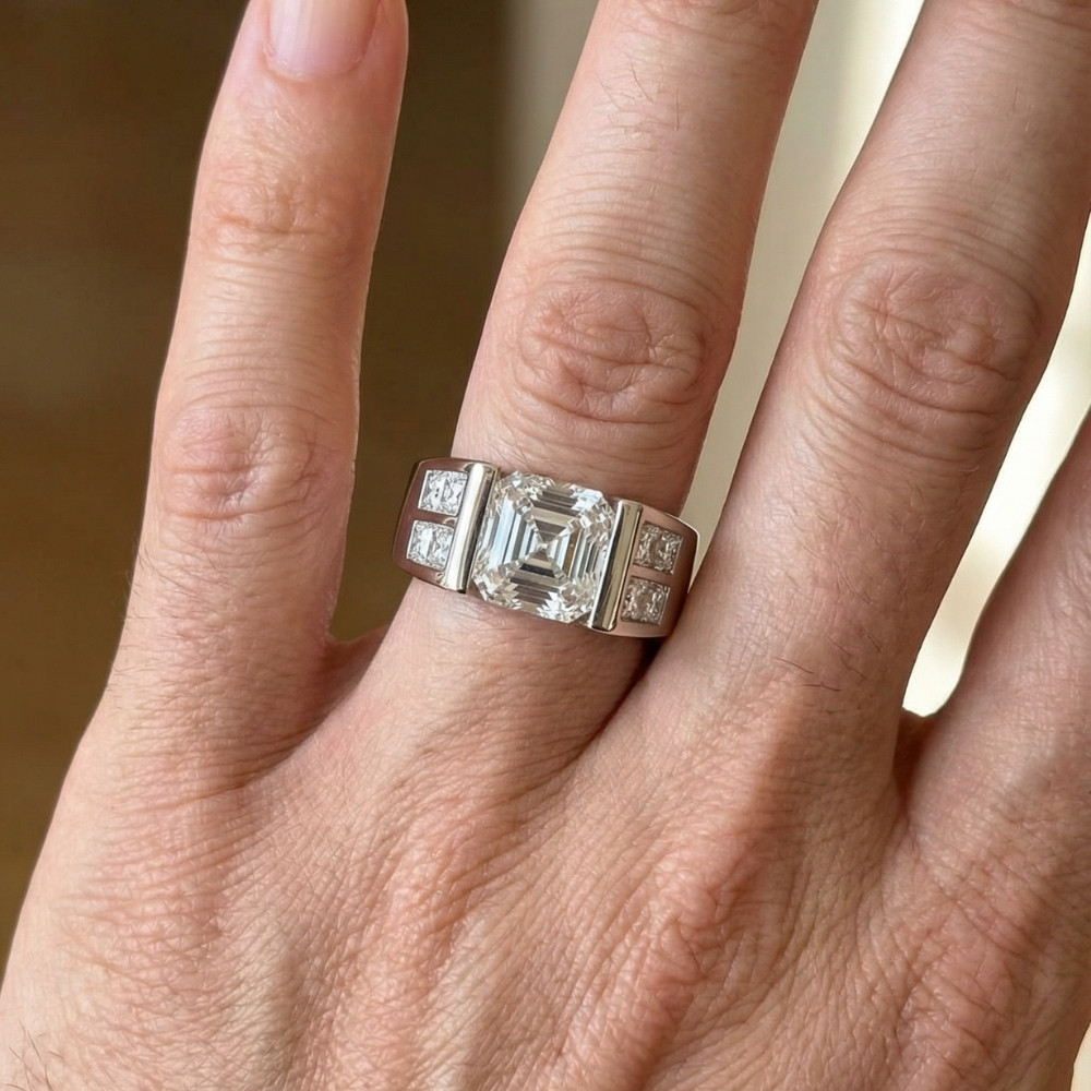 Certified 5.40Ct Men's Asscher Cut Diamond Ring 14k Gold Lab Grown (G-H, VS)