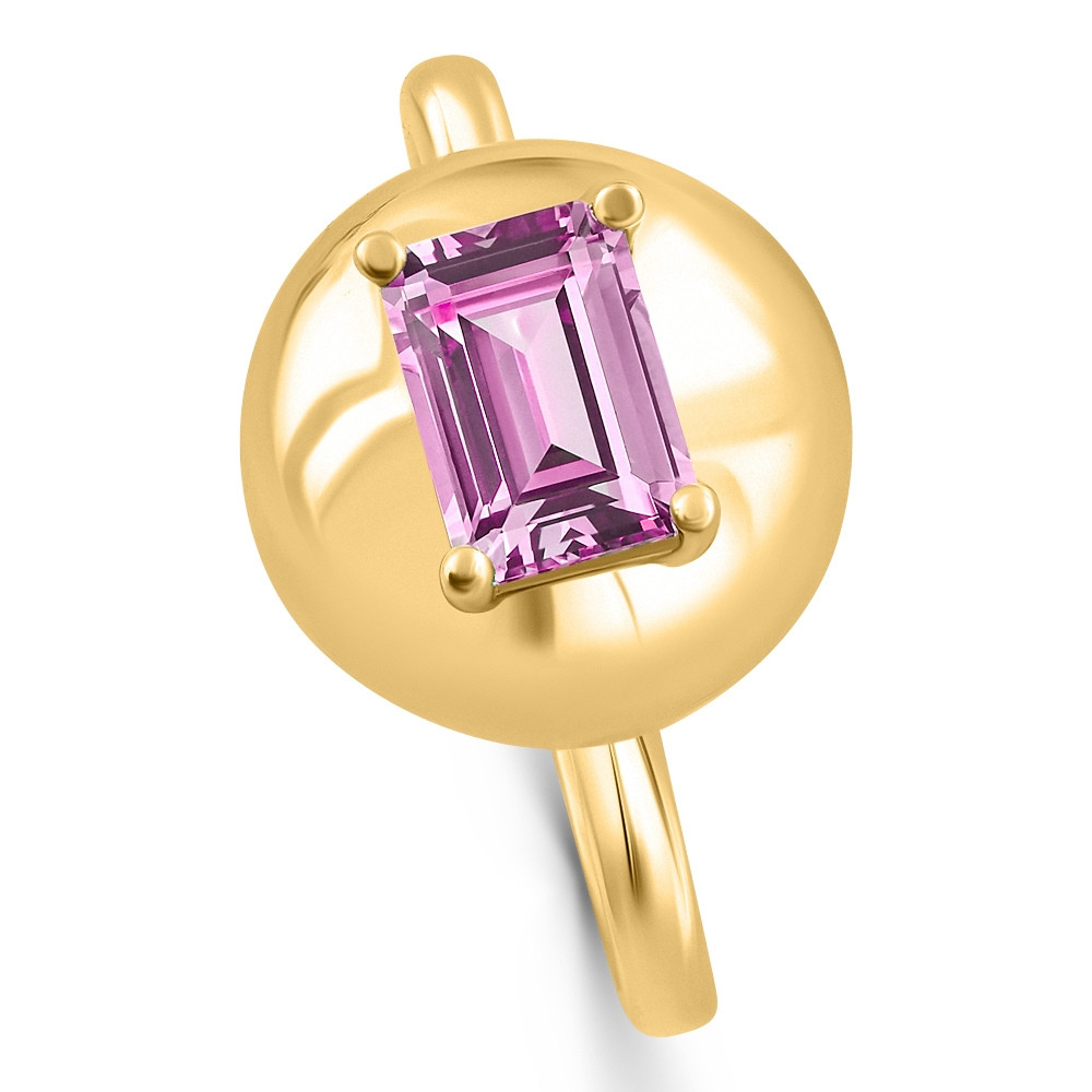 Candy Button 14k Yellow Gold Emerald Cut Pink Topaz Ring (Pink, VS)