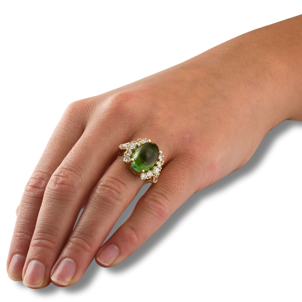 14.29Ct Green Tourmaline Heirloom Diamond Ring 14k Yellow Gold (E-F, VS)