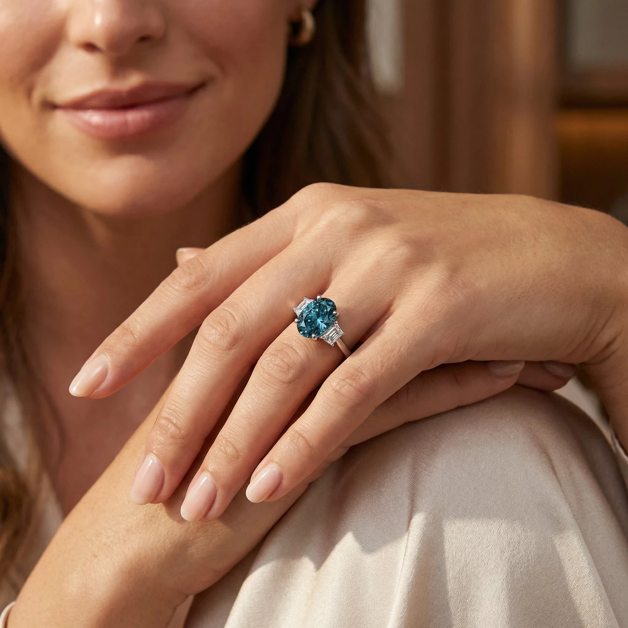 3.63Ct Blue Oval & Trapezoid Diamond Engagement Ring 14k White Gold Lab Grown (F-G, VS)