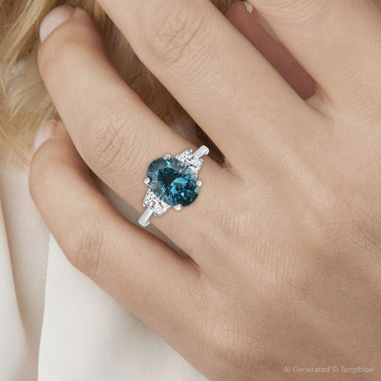 3.63Ct Blue Oval & Trapezoid Diamond Engagement Ring 14k White Gold Lab Grown (F-G, VS)