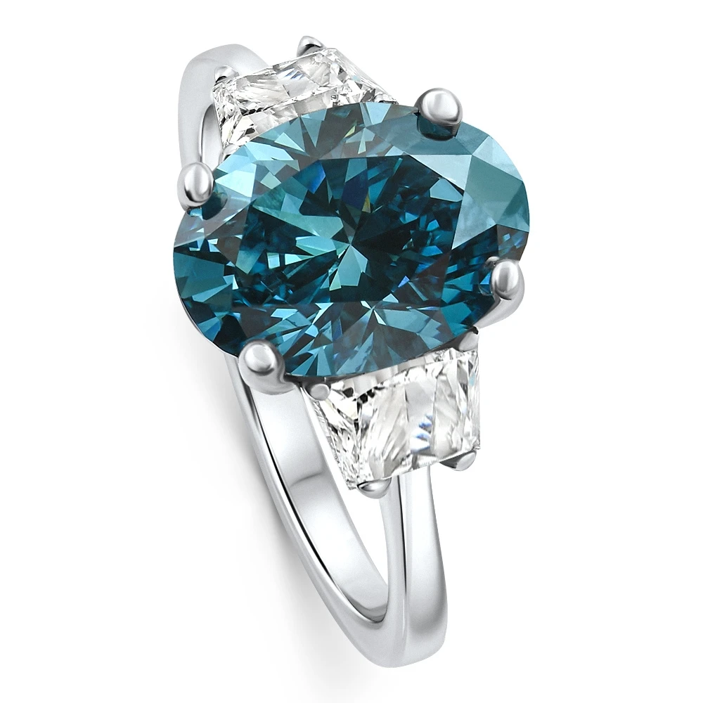 3.63Ct Blue Oval & Trapezoid Diamond Engagement Ring 14k White Gold Lab Grown (F-G, VS)