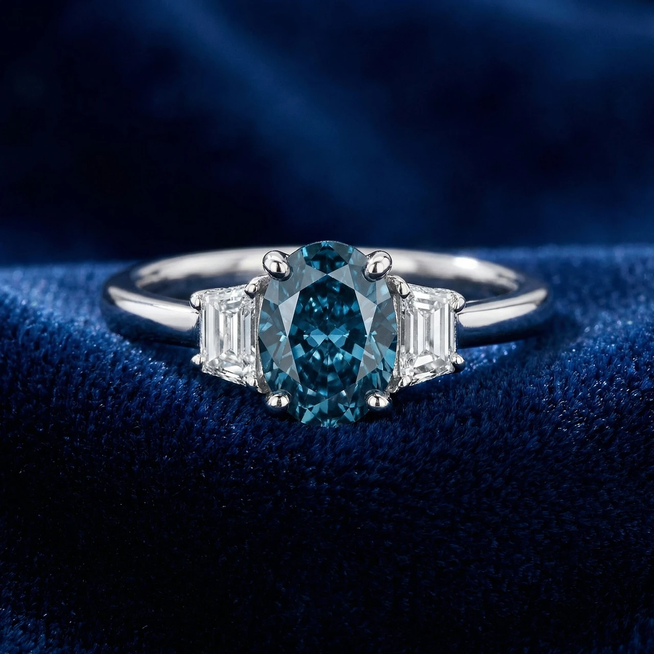 3.63Ct Blue Oval & Trapezoid Diamond Engagement Ring 14k White Gold Lab Grown (F-G, VS)