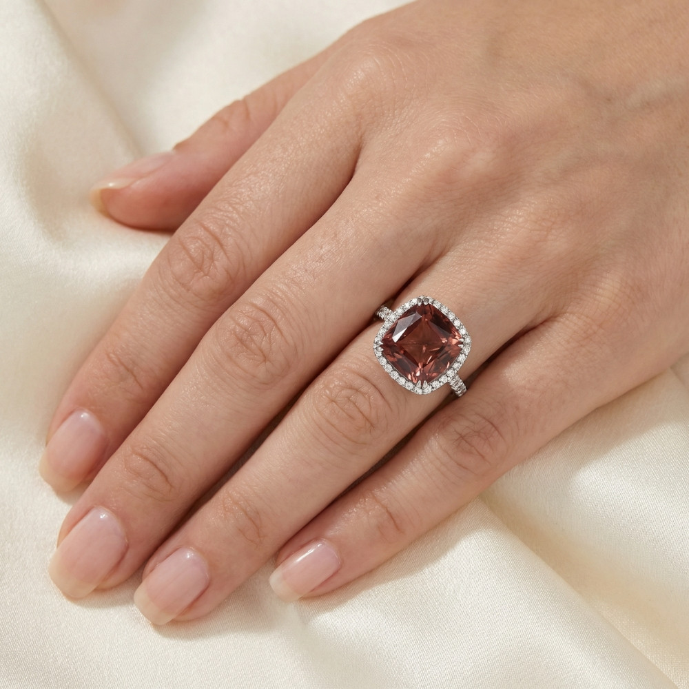 6.84Ct Red Brown Cushion Tourmaline Diamond Halo Ring 14k White Gold Lab Grown (E-F, VS)