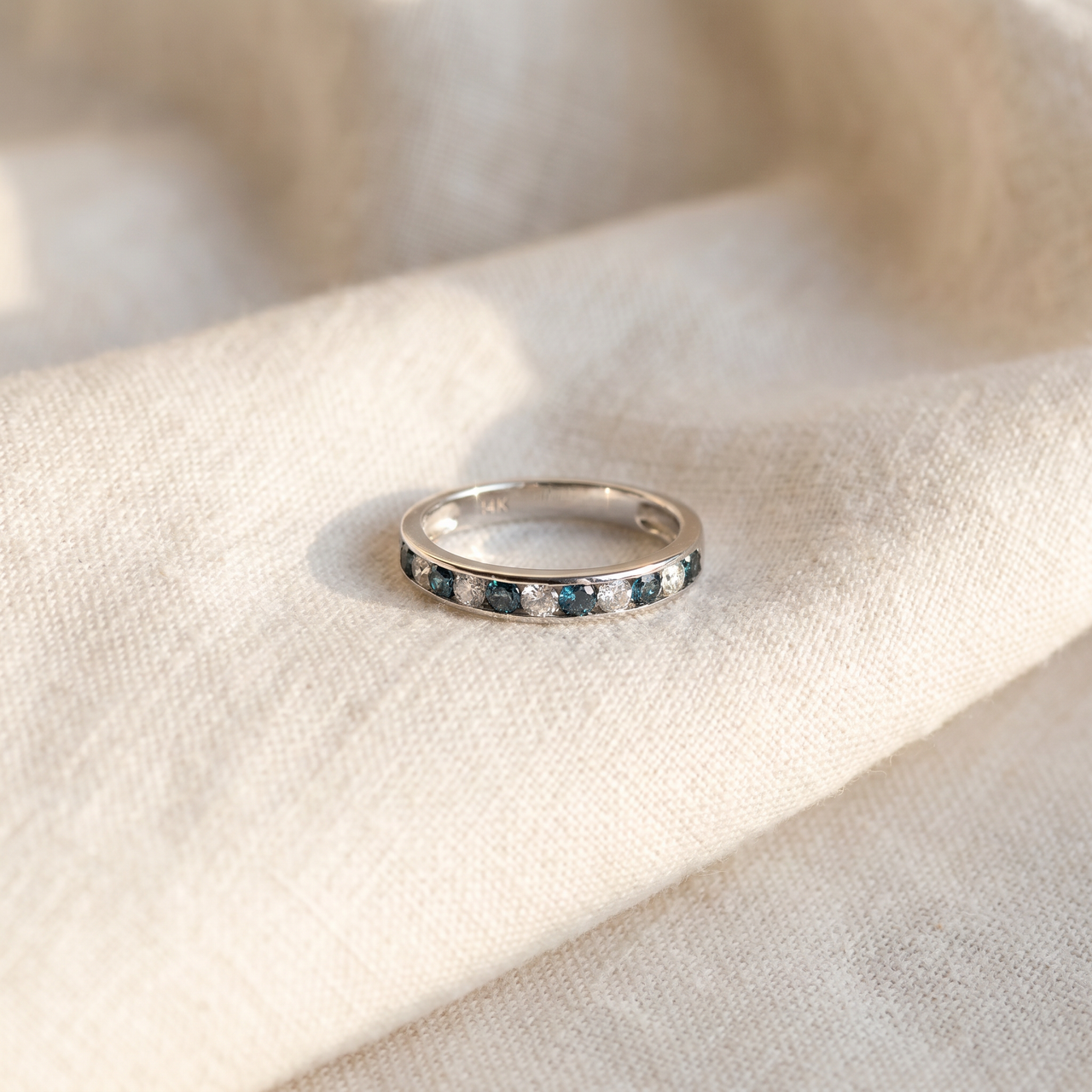 1Ct Channel Set Blue & White Diamond Ring 14K White Gold Lab Grown (G-H, VS)