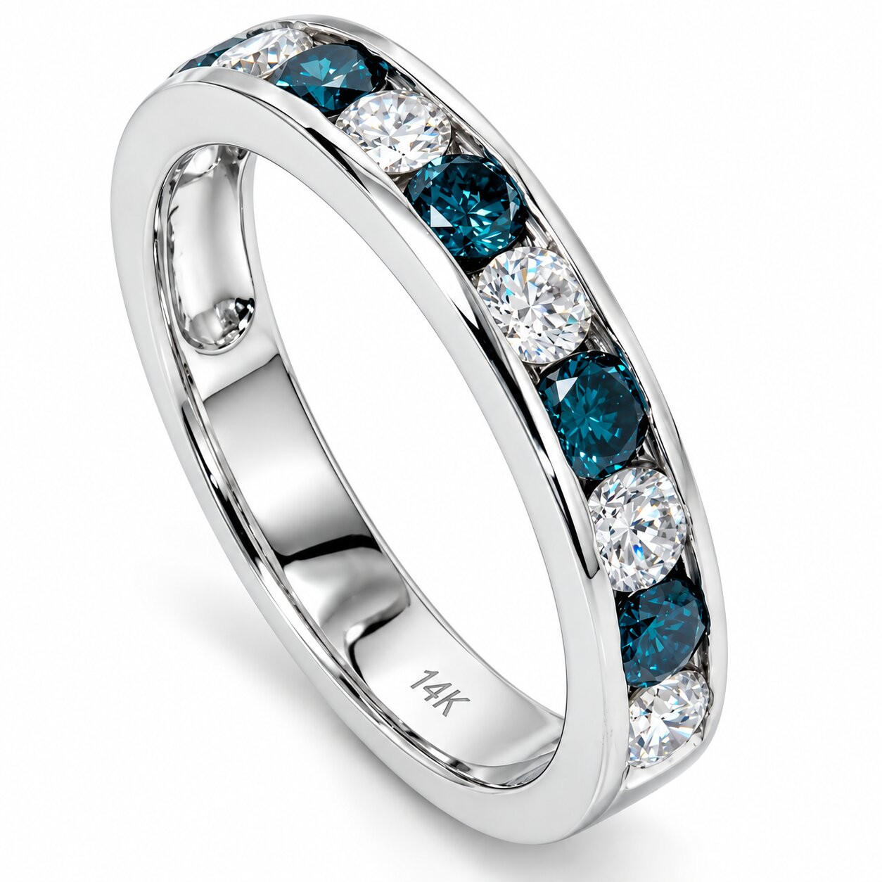 1Ct Channel Set Blue & White Diamond Ring 14K White Gold Lab Grown (G-H, VS)