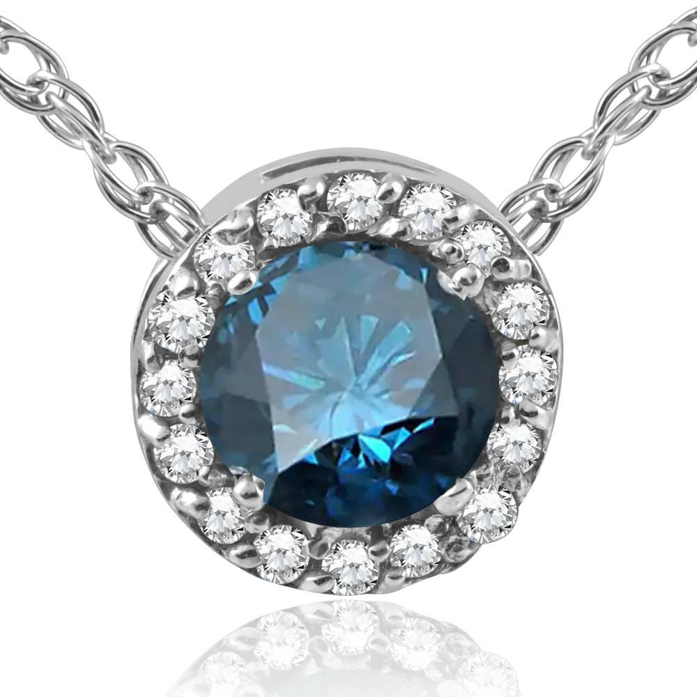 1/2ct Blue Diamond Pave Halo Pendant 14K White Gold Necklace & 18" Chain Lab Grown (G-H, VS)