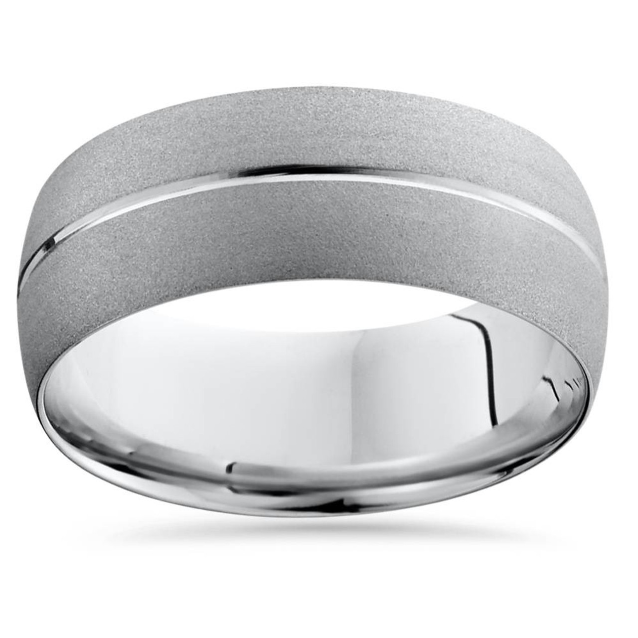 14K White Gold Mens Brushed Single Groove Wedding Band 8mm