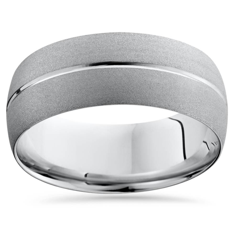 14k White Gold Mens Brushed Single Groove Wedding Band 8mm